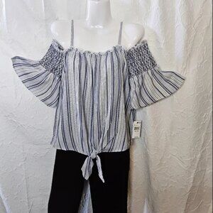 BCX Cold Shoulder Smocked Flutter Sleeve Striped Top